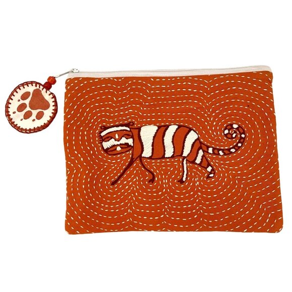 Embroidered Tiger Cat Zipper Cosmetic Bag Pouch Cotton Art & Animal Lovers - Picture 1 of 6
